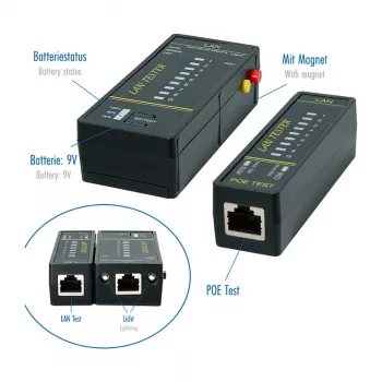 LOGILINK WZ0080 tester per cavi LAN e PoE finder con magnete, torcia, LCD retroilluminato, portata 300 m