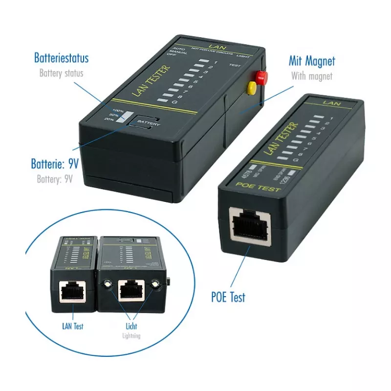 LOGILINK WZ0080 tester per cavi LAN e PoE finder con magnete, torcia, LCD retroilluminato, portata 300 m
