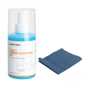 LUMIVIDA HS084912 Kit di pulizia schermo – 200 ml spray senza alcol, panno in microfibra 20x20 cm e spazzola morbida per LCD, LED, OLED, plasma, laptop, monitor, smartphone, tablet, fotocamere, occhiali