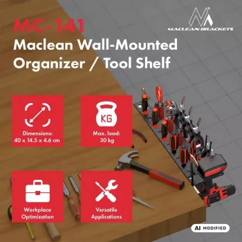 MACLEAN MC-141 organizer portautensili da parete con 20 contenitori e 11 ganci, nero/rosso, 800x400x195 mm