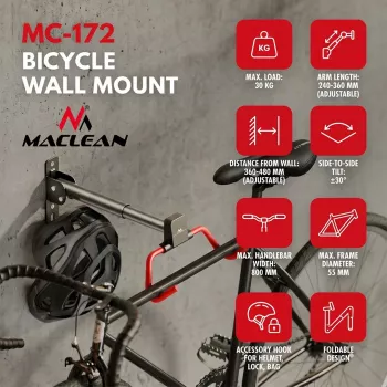 MACLEAN MC-172 portabici da parete orizzontale, acciaio, portata 30 kg, angolo regolabile, pieghevole, nero