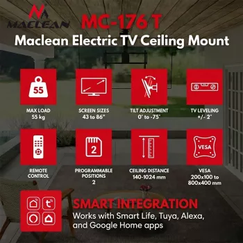 Maclean MC-176 T Supporto da soffitto elettrico per TV con controllo smart Tuya, VESA da 200x200 a 800x400, per TV da 43-86 pollici, portata 55 kg, nero