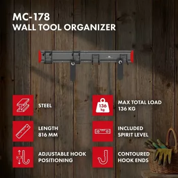 Organizzatore portautensili in acciaio da parete Maclean MC-178, portata 136 kg, larghezza 816 mm, pannello forato