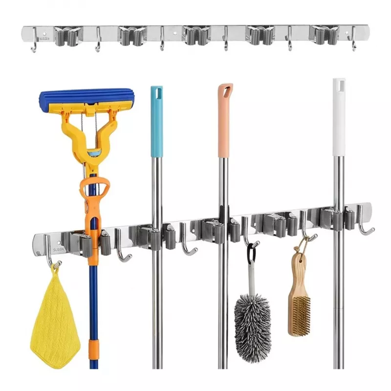 Maclean MC-185 organizer da parete per attrezzi da giardinaggio e mocio, acciaio, 60 cm, portata 20 kg, con ganci