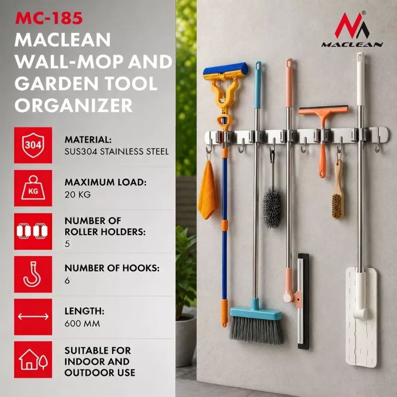 Maclean MC-185 organizer da parete per attrezzi da giardinaggio e mocio, acciaio, 60 cm, portata 20 kg, con ganci