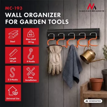 MACLEAN MC-193 organizer da parete per attrezzi da giardino con 5 supporti auto e 6 ganci pieghevoli, plastica ABS, grigio/nero