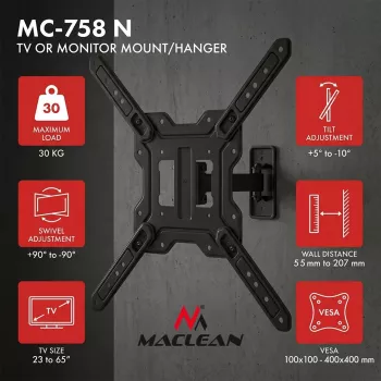 Maclean MC-758 N staffa fissa per TV e monitor da 23-65 pollici, 30 kg, VESA 400x400, nero