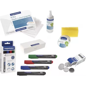 MAGNETOPLAN HOLTZ 12299 Set accessori per lavagna bianca - multicolore (nero, blu, verde, rosso) con pennarelli, magneti, cancellino, panno per la pulizia e liquido detergente