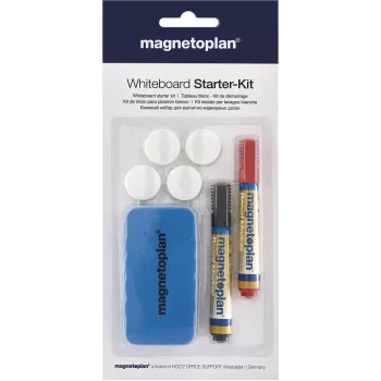 MAGNETOPLAN HOLTZ 37102 Set accessori per lavagna bianca – cancellino magnetico, 4 magneti, 4 pennarelli (nero/rosso)
