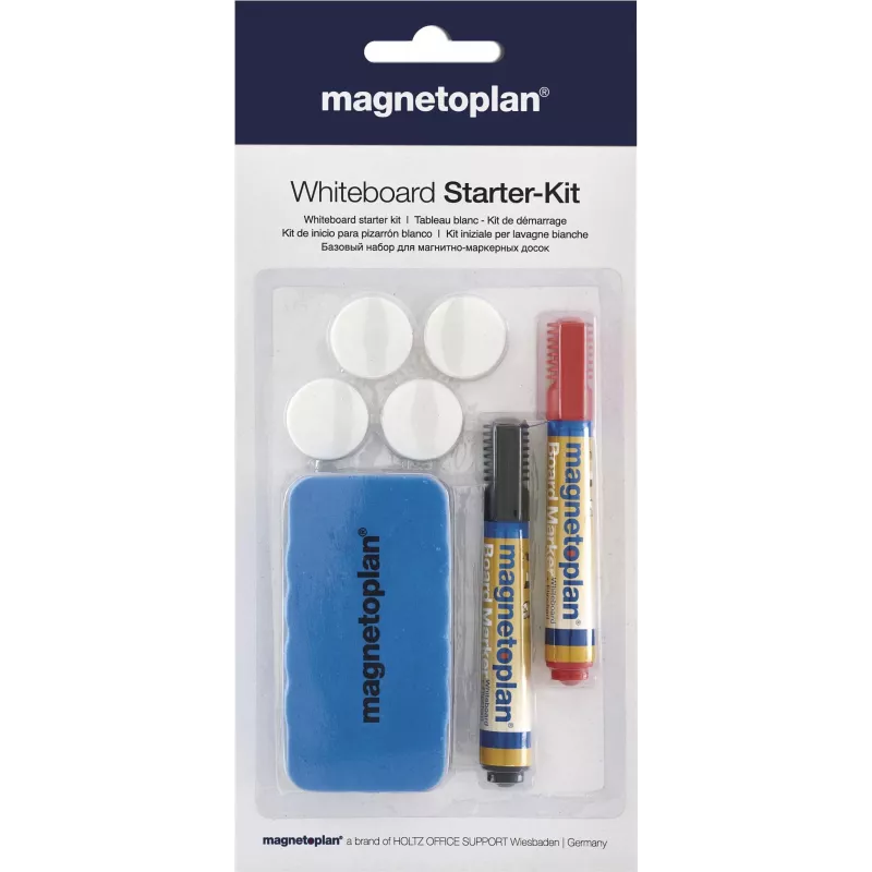 MAGNETOPLAN HOLTZ 37102 Set accessori per lavagna bianca – cancellino magnetico, 4 magneti, 4 pennarelli (nero/rosso)