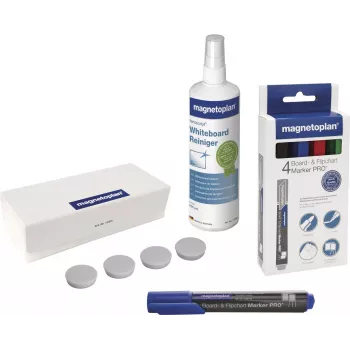 MAGNETOPLAN HOLTZ Magnetoplan 12299N Set accessori per lavagna bianca – 4 pennarelli cancellabili a secco, 250 ml liquido detergente, cancellino magnetico, 10 panni, nero