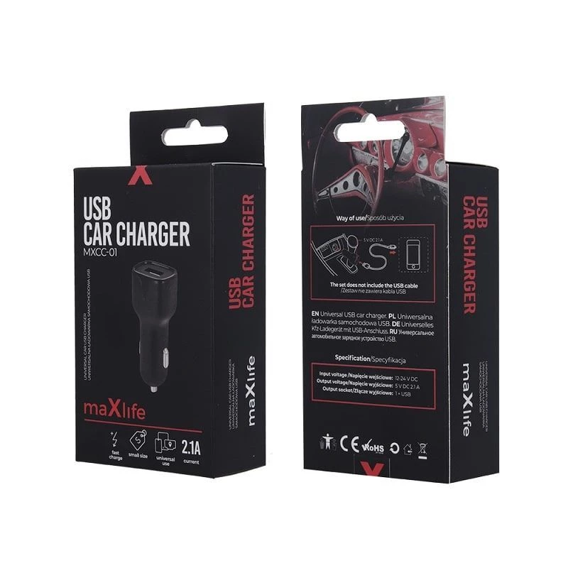 MAXLIFE MXCC-01 caricabatterie da auto Fast Charge 2.1A - nero