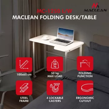 MCN Maclean tavolo pieghevole a L bianco 100x65 cm mobile con ruote bloccabili MC-1250 L/W