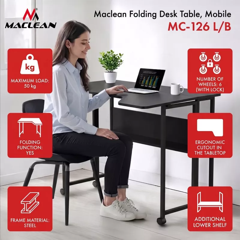 MCN Maclean scrivania/tavolo pieghevole, nero, mobile, 100x73 cm, max. 50 kg, ad angolo, a L, MC-126 L/B