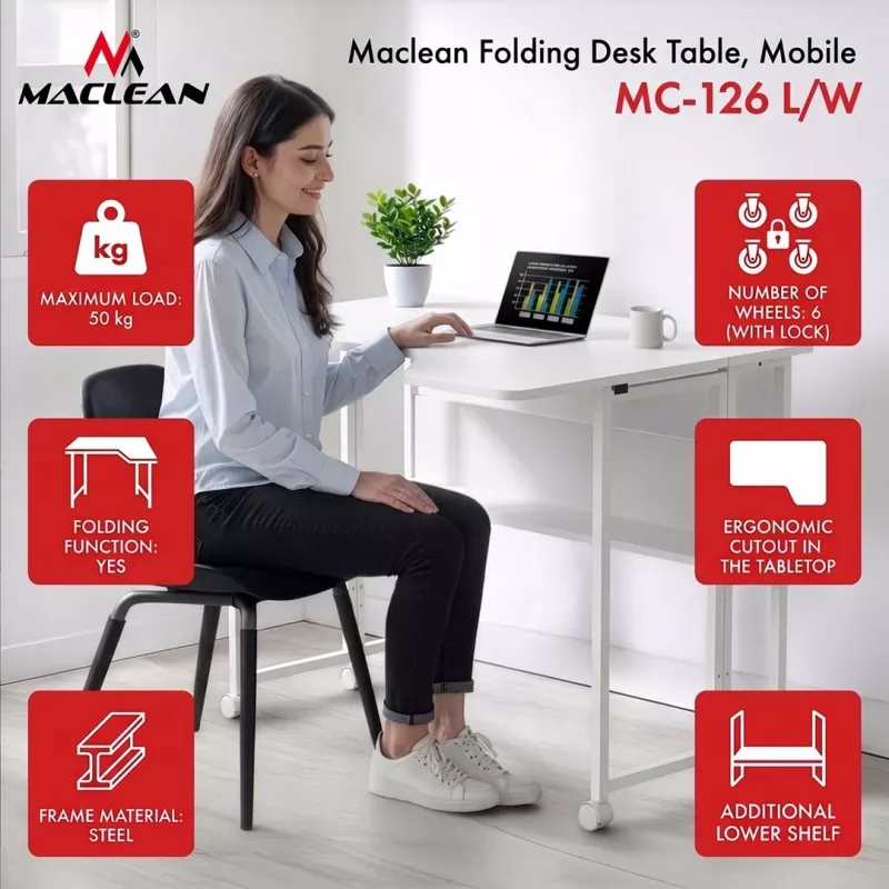 MCN Maclean MC-126 L/W Scrivania pieghevole a L, Bianca, mobile, 100x73 cm, portata 50 kg
