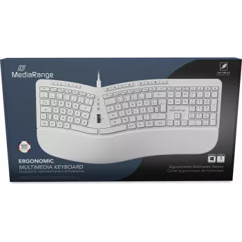 MediaRange MROS272 Tastiera ergonomica con filo, design split, 124 tasti, rotella di scorrimento integrata, bianco