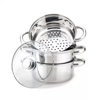 MEO set pentola a pressione in acciaio inox 4L, 22 cm, a 3 livelli, adatta all'induzione, argento MR-2900-22