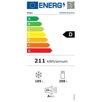 Midea MDRE554FGD01D Frigorifero combinato da incasso, No Frost, 403 L, bianco, classe energetica D