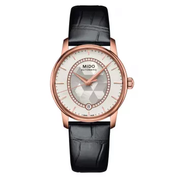MIDO Baroncelli III Lady orologio automatico 33mm PVD oro rosa quadrante in madreperla bianca con indici in diamante cinturino in pelle bianco