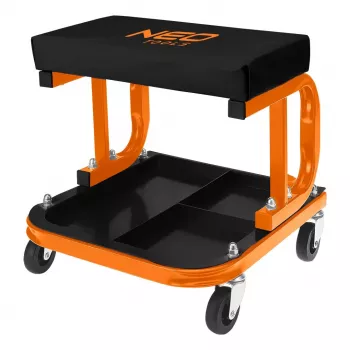 NEO TOOLS 11-604 Sgabello da officina con ruote e vassoio portautensili, regolazione pneumatica in altezza 380-500 mm, portata 135 kg, 5 ruote piroettanti, sedile in vinile resistente all'olio