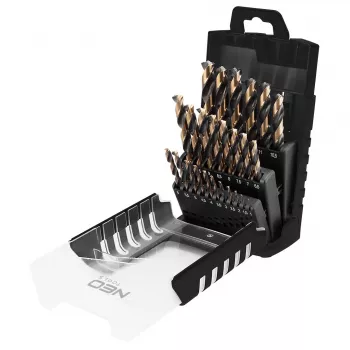 NEO TOOLS set da 25 punte per metallo HSS-CNC, angolo punta 124°, Pro-Tec, 1,0–13,0 mm