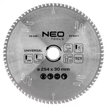 NEO TOOLS 55-548 Lama circolare con punte in metallo duro, 254 mm x 30 mm, 80 denti, universale