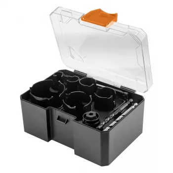 NEO TOOLS 57-923 set seghe a tazza con punta in metallo duro, 11 pezzi (20–64 mm), con 2 supporti e valigetta