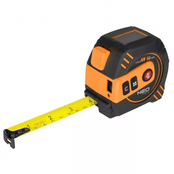 NEO TOOLS 67-100 Telemetro laser con metro a nastro 5 m, portata 40 m, IP54, LCD retroilluminato, classe laser 2, 2 x AAA