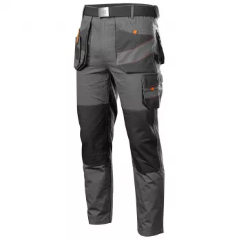 NEO TOOLS 81-325-S pantaloni protettivi, taglia S, grigio con dettagli arancioni, 65% poliestere 35% cotone, 245 g/m², 9 tasche, tasche per ginocchiere, EN ISO 13688:2013