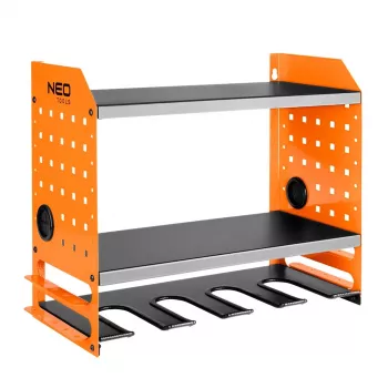 NEO TOOLS 84-199 Mensola organizer portautensili da parete per avvitatore a batteria e accessori, nero con accenti rossi