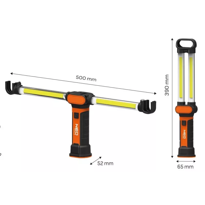 NEO TOOLS 99-066 Lampada da lavoro COB LED ricaricabile con base magnetica e gancio orientabile, 300 lm