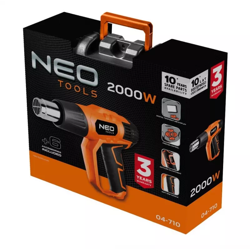 NEO TOOLS pistola ad aria calda 2000W con display LCD, 50°C e 70-600°C, 4 ugelli, raschietto, valigetta