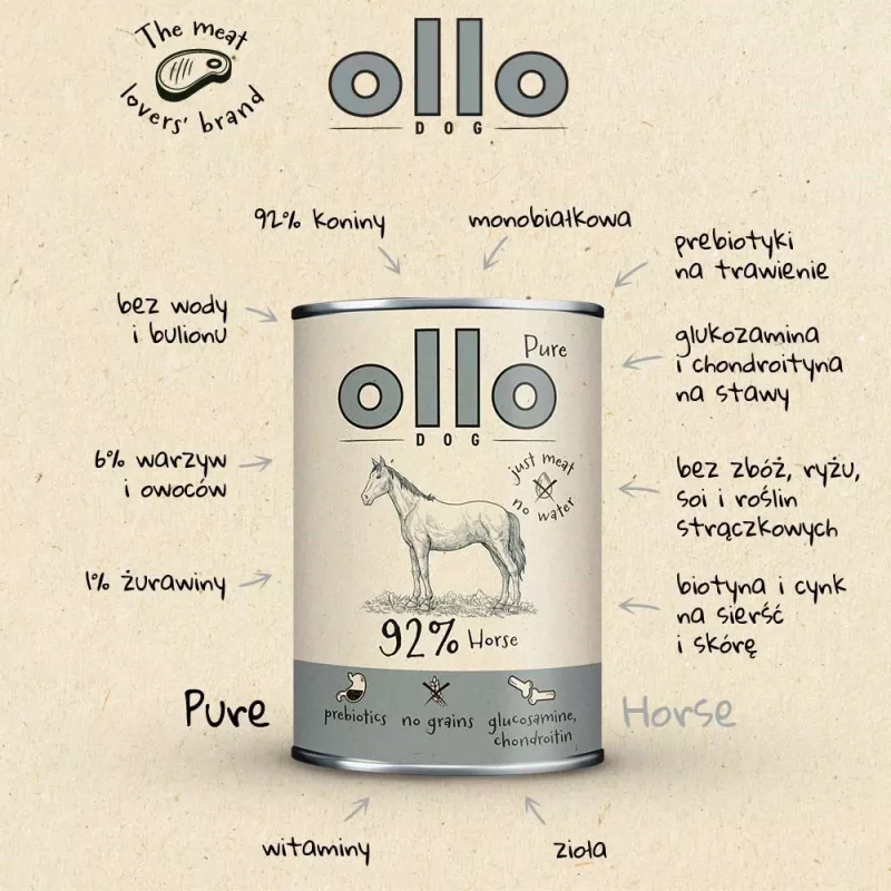 OLLO Pure Horse Mono cibo umido per cani 850g