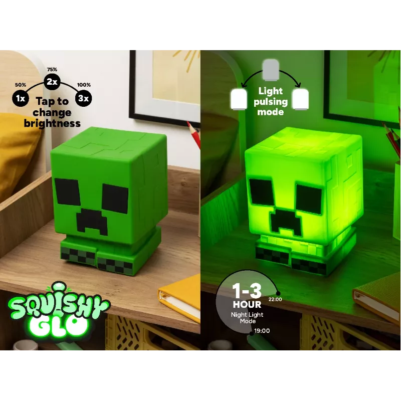 Paladone Minecraft Creeper SquishyGlo Luce in silicone ricaricabile – luce notturna LED verde dimmerabile con 3 livelli di luminosità e ricarica Micro-USB