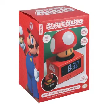 Paladone Super Mario Super Mushroom Icon Sveglia - LCD digitale, alimentazione USB, effetti sonori ufficiali Nintendo, rosso/bianco