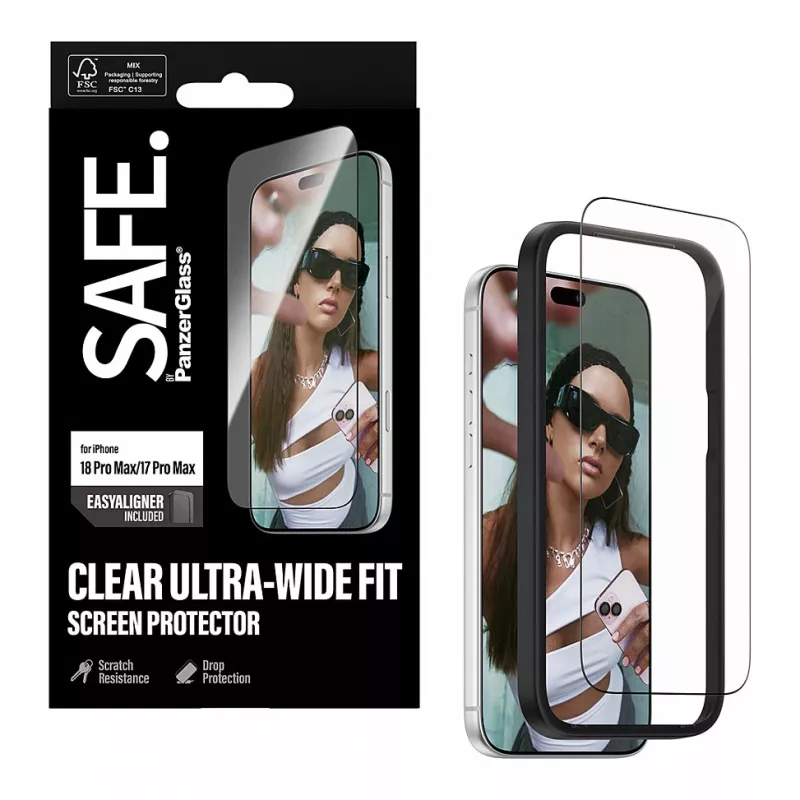 PanzerGlass SAFE Pellicola protettiva per display per iPhone 18 Pro Max/17 Pro Max – vetro temperato ultra-wide, antibatterica, durezza 9H