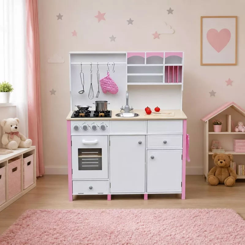 Cucina giocattolo in legno per bambini PETMEX Paula Rosa Bianco con elementi apribili