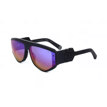 PHILIPP PLEIN SPP093M-703V Occhiali da sole uomo, Forma pilot quadrata, Montatura in acetato nera, Lenti in policarbonato grigie, Protezione UV400, 65/16/145 mm