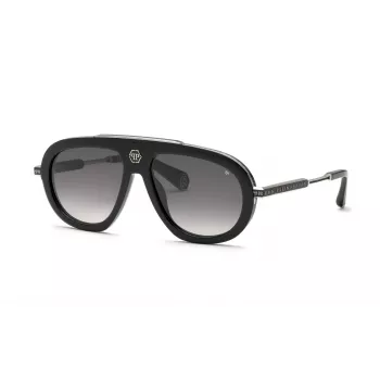 PHILIPP PLEIN SPP151V57700Y Occhiali da sole uomo - Montatura in acetato nero, lenti in policarbonato grigie, 57 mm