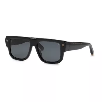 Philipp Plein SPP179-550Z29 Occhiali da sole uomo, montatura in acetato nera, lenti in policarbonato grigie, 55/18/145 mm
