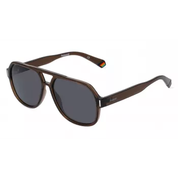 Polaroid PLD6193S09QF7 Occhiali da sole rettangolari unisex - montatura havana, lenti grigie polarizzate, 57 mm