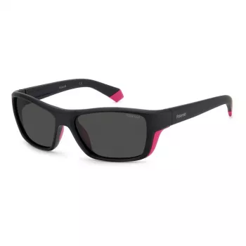 Occhiali da sole uomo POLAROID SPORT PLD7046S3MR rettangolari sport wrap montatura nera lenti grigie polarizzate 57-17-135 mm