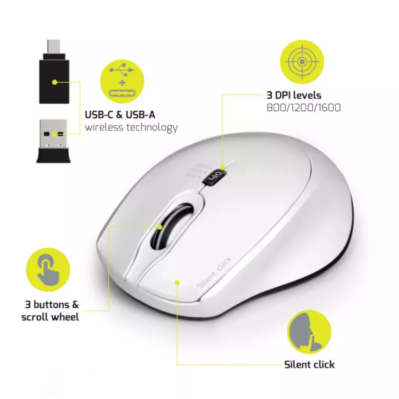 Port Designs Port Connect Mouse wireless silenzioso 1600DPI 3 tasti - bianco