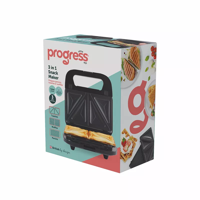 Progress EK6666PVDE 3 in 1 Snack Maker – macchina per waffle, sandwich e ciambelle, 900W, nero