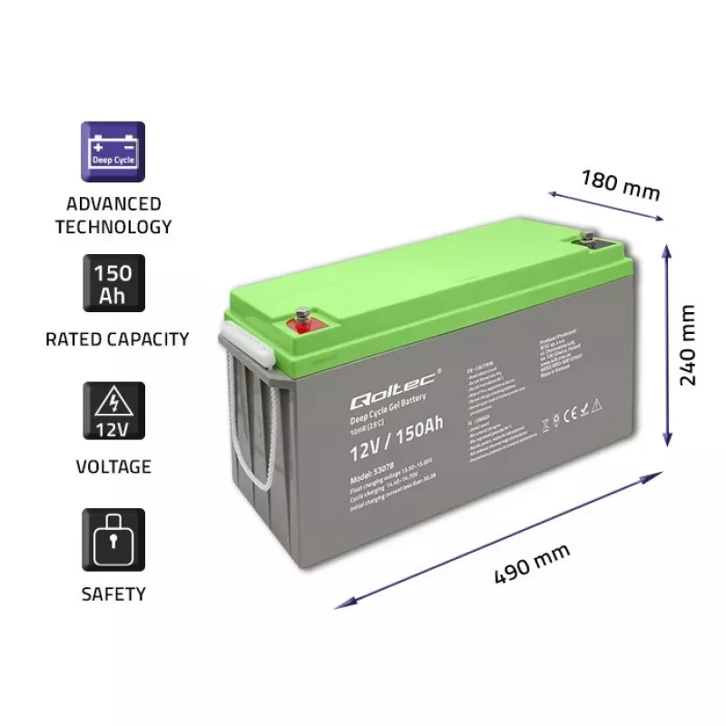 Qoltec Batteria Gel Deep Cycle 12V 150Ah 44,5kg