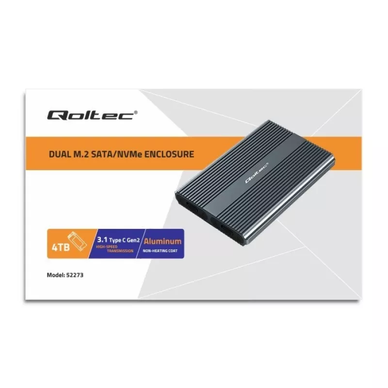 Qoltec Case per SSD Dual M.2 NVMe SATA con USB-C 3.2 Gen 2, alluminio senza utensili, supporta 2x2TB, UASP, TRIM, 10Gbps