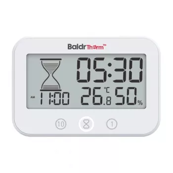 RAINPOINT BALDRTHERM B0549STH Timer da bagno con monitor di temperatura e umidità, protezione da schizzi IP24, countdown/count-up, retroilluminazione LCD, ventosa/supporto/montaggio a parete