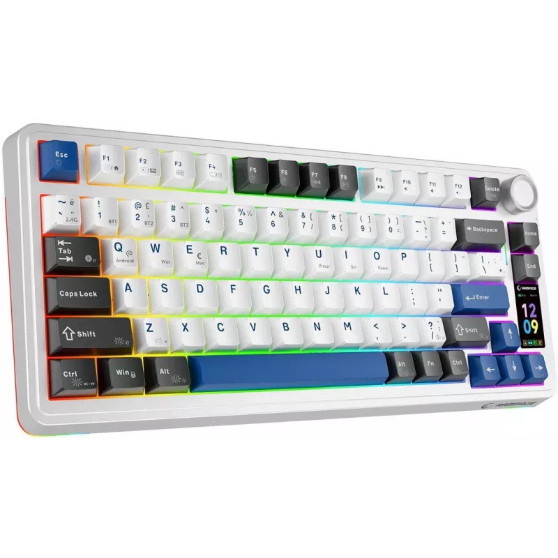 Rampage Quell Pro Tastiera meccanica wireless 75% con display TFT, Gasket Mount, Hot-Swap, 2.4G + BT, bianca