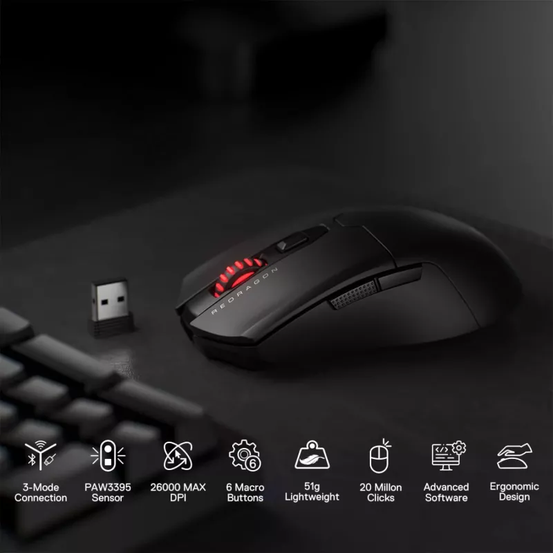 Redragon FYZU M995 PRO Mouse da gaming wireless, nero