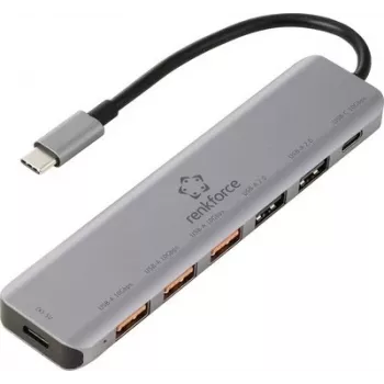 Renkforce RF-7465828 hub USB-C 6 in 1, 3x USB-A 3.0, dati USB-C, HDMI 4K, PD 100W, grigio